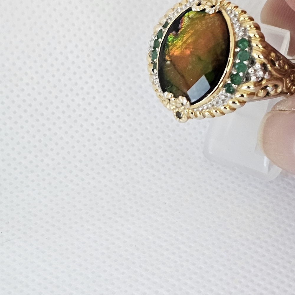 Gems En Vogue Ammolite & Emerald Ring Palladium Sterling Silver 18k Size 8! - Picture 11 of 11